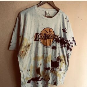 Vintage Lakers Tie Dye Shirt - L - Cotton Y2K Short Sleeve Shirt - Yellow White